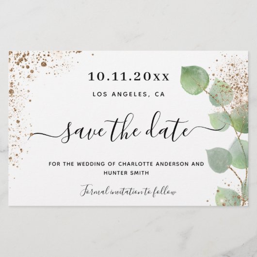 おしゃれな結婚式の招待状　ユーカリ ゴールド　Save the Date (正面)