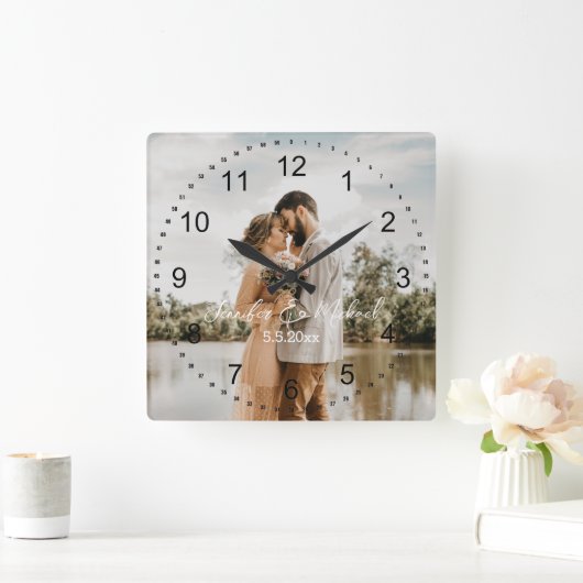 おしゃれな結婚式当日の写真 黒い数字 スクエア壁時計 (ホーム)