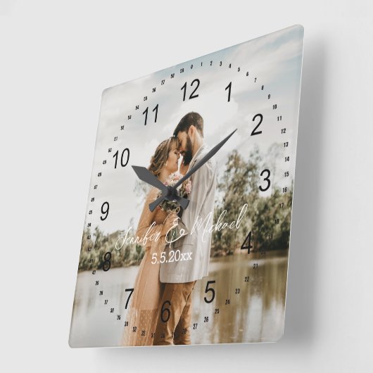 おしゃれな結婚式当日の写真 黒い数字 スクエア壁時計 (傾斜)