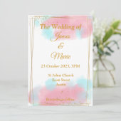 おしゃれな結婚式招待状, ピンク, 青の水彩画 招待状 (スタンド正面)