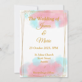 おしゃれな結婚式招待状, ピンク, 青 水彩  招待状