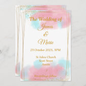 おしゃれな結婚式招待状, ピンク, 青 水彩  招待状 (正面/裏面)