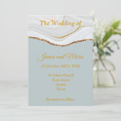 おしゃれな結婚式招待状、青大理石、ゴールド 招待状 (スタンド正面)