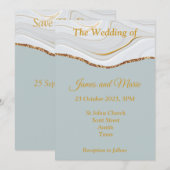 おしゃれな結婚式招待状、青大理石、ゴールド 招待状 (正面/裏面)