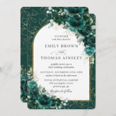 おしゃれな結婚式 エメラルドグリーンのバラの花束 ゴールドのアーチ 招待状 (正面/裏面)
