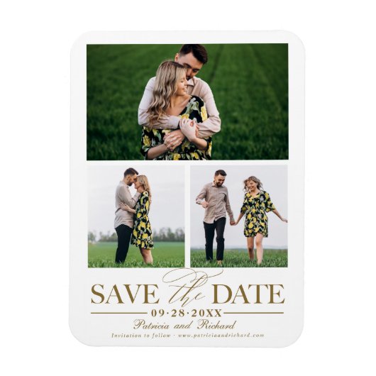 おしゃれな結婚式 Save The Date 3枚の写真のコラージュ マグネット (縦)