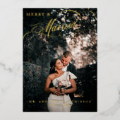 おしゃれな結婚記念のホリデーカード ゴールド箔押し写真 箔シーズンカード (正面)