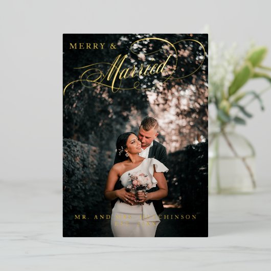 おしゃれな結婚記念のホリデーカード ゴールド箔押し写真 箔シーズンカード (立ち正面)