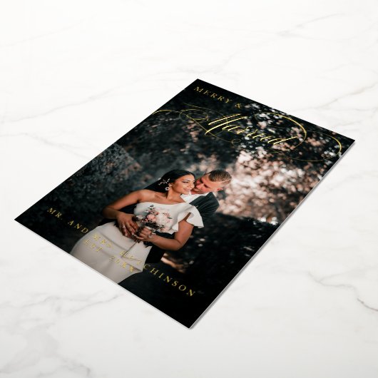おしゃれな結婚記念のホリデーカード ゴールド箔押し写真 箔シーズンカード (回転した状態)