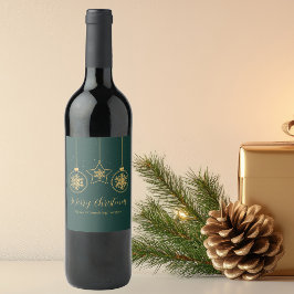 おしゃれな緑とゴールドのオーナメントの会社のクリスマスパーティー ワインラベル