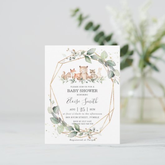 おしゃれな緑の森林動物の赤ちゃんシャワー中立 ポストカード (スタンド正面)