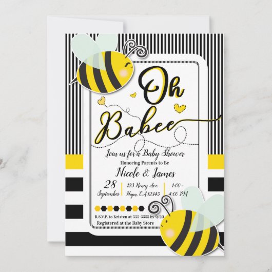 おしゃれな縞模様のベビーシャワーギフト Oh BaBEE Bee モダンストライプベビーシャワー 招待状 (正面)
