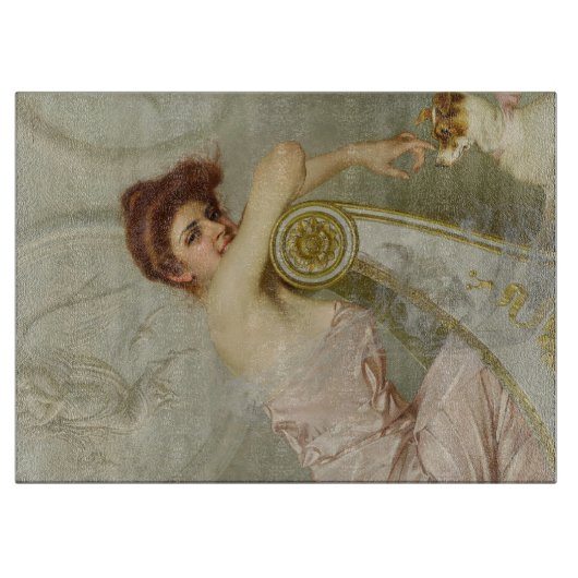 おしゃれな美しい女性が子犬をなでながら カッティングボード (正面)