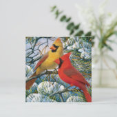 おしゃれな美しい赤いカーディナルと雪のクリスマス シーズンカード (スタンド正面)