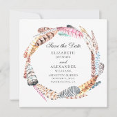 おしゃれな羽根の花冠。ボヘミアンスタイルのウェディング、保存日付のお知らせ 招待状 (正面)