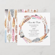 おしゃれな羽根の花冠。ボヘミアンスタイルのウェディング、保存日付のお知らせ