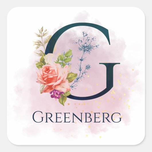 おしゃれな花のイニシャル文字G 水彩の飛沫 スクエアシール (正面)