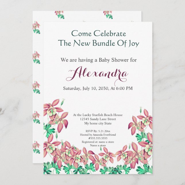 おしゃれな花のコロンビア ピンクパーチの女の子のベビーシャワー (正面/裏面)