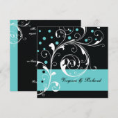 おしゃれな花のスクロールワーク 黒と水色の結婚式 招待状 (正面/裏面)