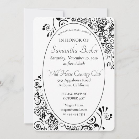 おしゃれな花のスクロール ブライダルシャワー 招待状 (正面)