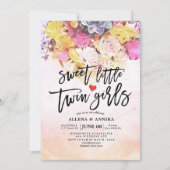 おしゃれな花のベビーシャワー　かわいい双子の女の子 招待状 (正面)