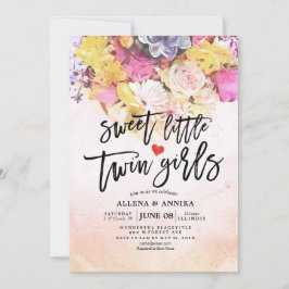 おしゃれな花のベビーシャワー　かわいい双子の女の子 招待状