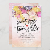 おしゃれな花のベビーシャワー　かわいい双子の女の子 招待状 (正面/裏面)