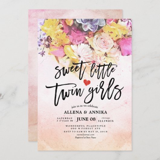 おしゃれな花のベビーシャワー　かわいい双子の女の子 招待状 (正面/裏面)