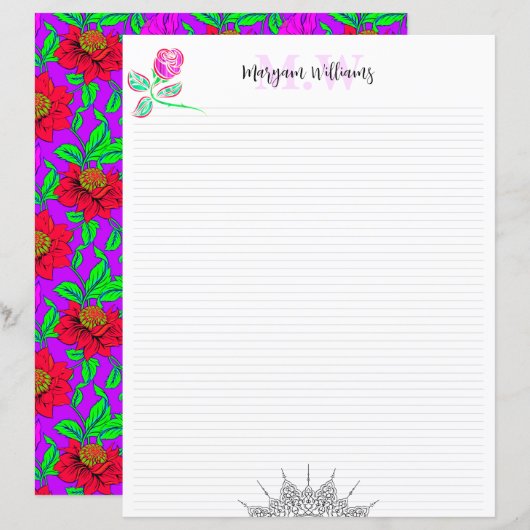おしゃれな花のモノグラム 名前入り 文房具 ペーパー (正面/裏面)