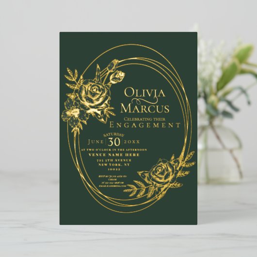 おしゃれな花のローズリースのウェディング 箔押し招待状 箔招待状 (立ち正面)