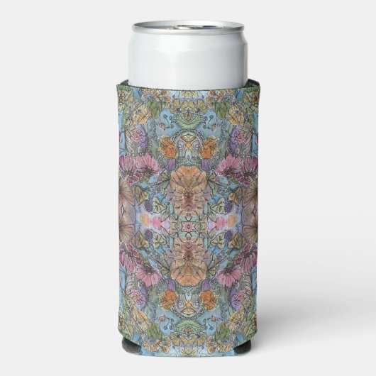 おしゃれな花の庭の水彩画 スリム缶クーラー (Seltzer正面)