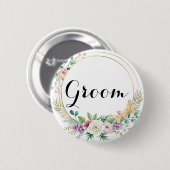 おしゃれな花の新郎ボタン - オーダーメッセージ 缶バッジ (正面&裏面)