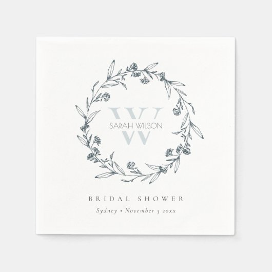 おしゃれな花の月桂樹の花束のイニシャル ウェディングシャワー スタンダードカクテルナプキン (正面)