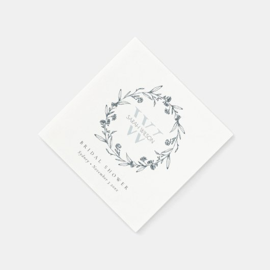 おしゃれな花の月桂樹の花束のイニシャル ウェディングシャワー スタンダードカクテルナプキン (角)