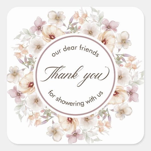 おしゃれな花の水彩ウェディングシャワー感謝祭 スクエアシール (正面)