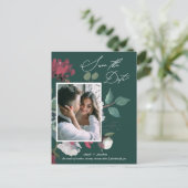 おしゃれな花の水彩 ダークグリーン Save the Date インビテーションポストカード (スタンド正面)