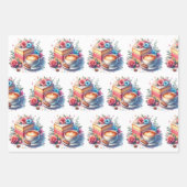 おしゃれな花の誕生日ケーキ、コーヒーと花 ラッピングペーパーシート (正面)