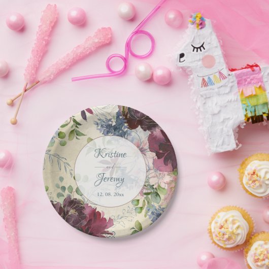 おしゃれな花の赤いバラの水彩画 ゴールド ペーパープレート (パーティー)