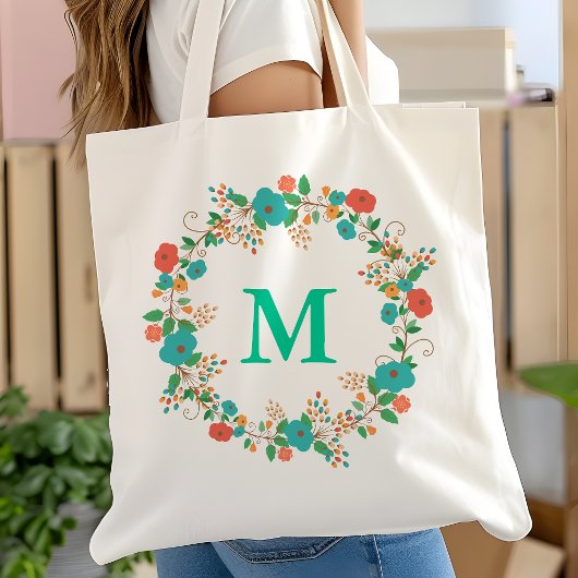 おしゃれな花の輪のイニシャル トートバッグ