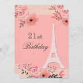 おしゃれな花の21歳の誕生日パリ・エッフェル塔 招待状 (正面/裏面)