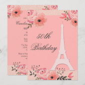 おしゃれな花の50歳の誕生日パリ エッフェル塔 招待状 (正面/裏面)