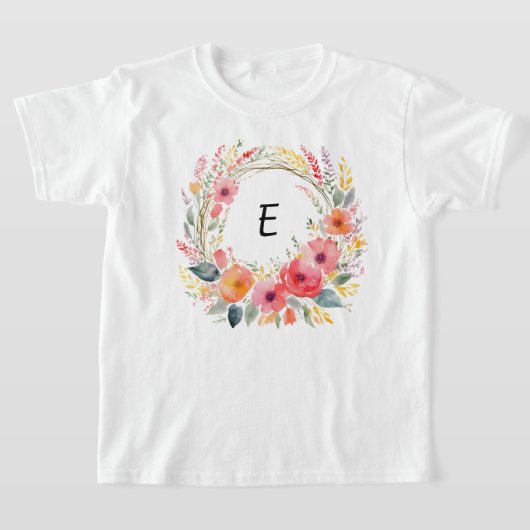 おしゃれな花冠モノグラムフラワーデザイン Tシャツ (レイダウン)
