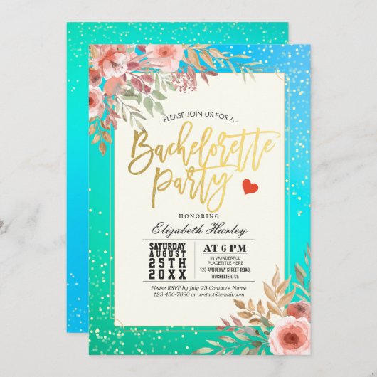 おしゃれな花嫁の最後の夜の会 ピンクの花 ティール ゴールドのドット 招待状 (正面/裏面)