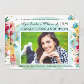 おしゃれな花柄とゴールドグリッターの水彩画 卒業式招待状 招待状 (正面/裏面)