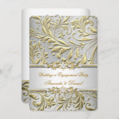 おしゃれな花柄のゴールドとシルバーのウェディングまたはエンゲージメント 招待状 (正面/裏面)