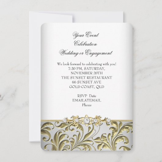 おしゃれな花柄のゴールドとシルバーのウェディングまたはエンゲージメント 招待状 (裏面)