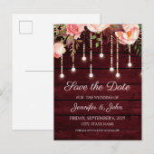 おしゃれな花柄のマルーン色の木製のウェディング・セーブ・ザ・デート 案内ポストカード (正面/裏面)