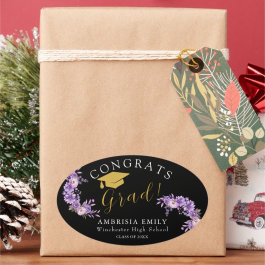 おしゃれな花柄の卒業おめでとうステッカー 楕円形シール (クリスマス)