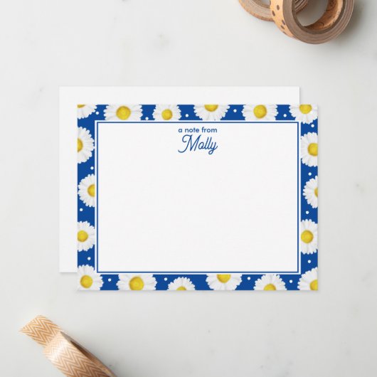 おしゃれな花柄の水彩デイジー ネイビーブルー イエロー ノートカード (正面/裏面インサイチュ)