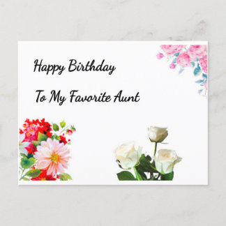 おしゃれな花柄の誕生日カード 幸せな誕生日おばさんへ , 花と白いバラのデザインが素敵な誕生日カード ポストカード